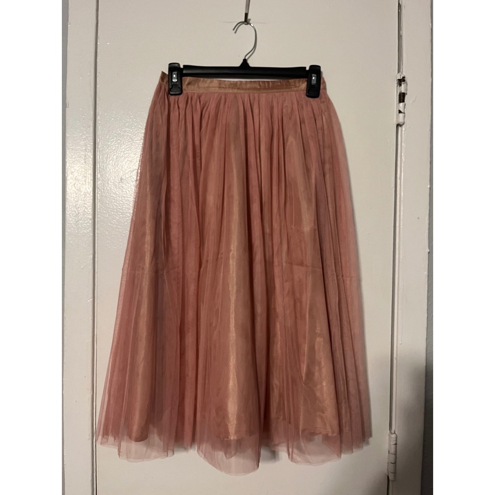 Tulip B Rose Gold Iridescent Tulle Midi Skirt Pink Mesh Elastic Waist Small